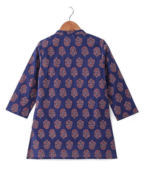 Babyhug 100% Cotton Full Sleeves Kurta & Dhoti Set With Floral Print - Blue & Red