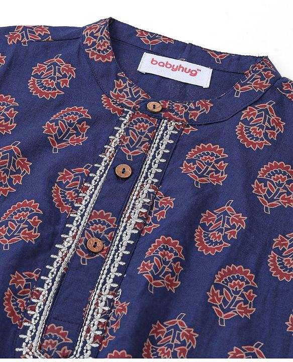 Babyhug 100% Cotton Full Sleeves Kurta & Dhoti Set With Floral Print - Blue & Red
