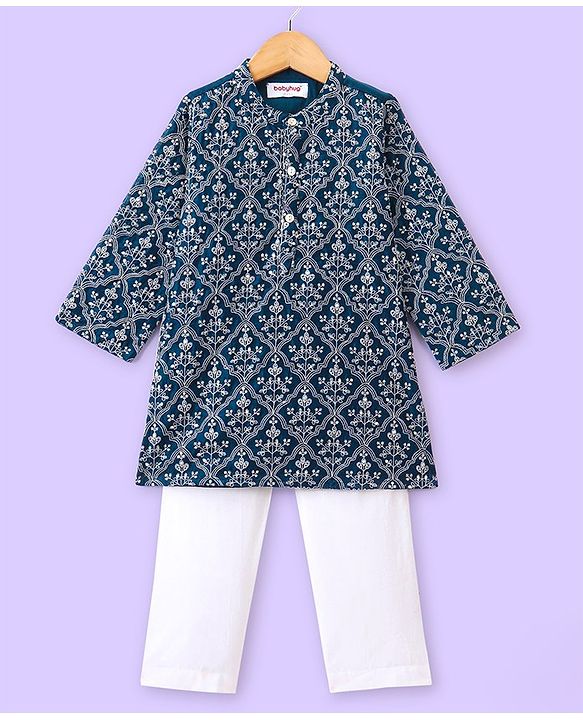 Babyhug Woven Floral Embroidered Full Sleeves Kurta & Pyjama Set- Blue