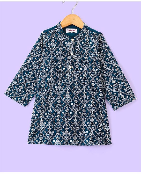 Babyhug Woven Floral Embroidered Full Sleeves Kurta & Pyjama Set- Blue