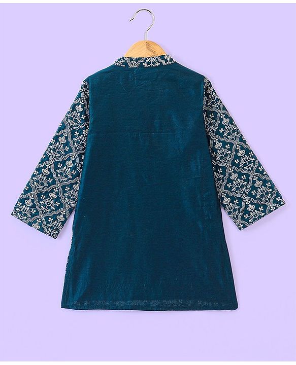 Babyhug Woven Floral Embroidered Full Sleeves Kurta & Pyjama Set- Blue