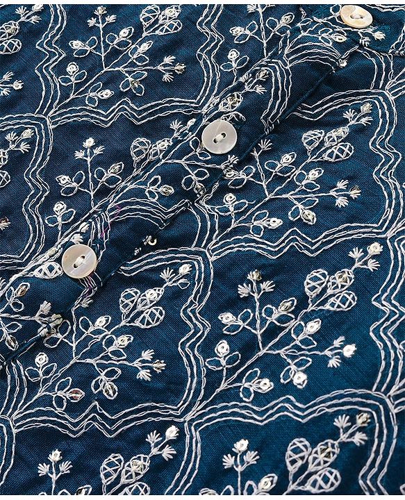 Babyhug Woven Floral Embroidered Full Sleeves Kurta & Pyjama Set- Blue