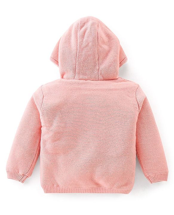 Babyhug Knitted Full Sleeves Hooded Sweater With Floral & Bird Design -Pink