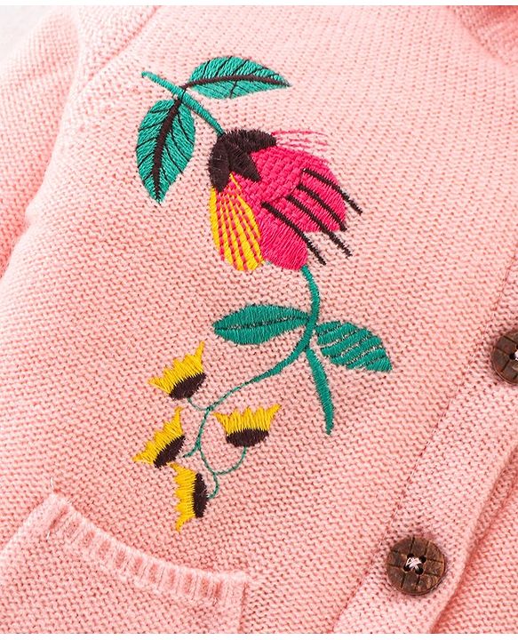Babyhug Knitted Full Sleeves Hooded Sweater With Floral & Bird Design -Pink