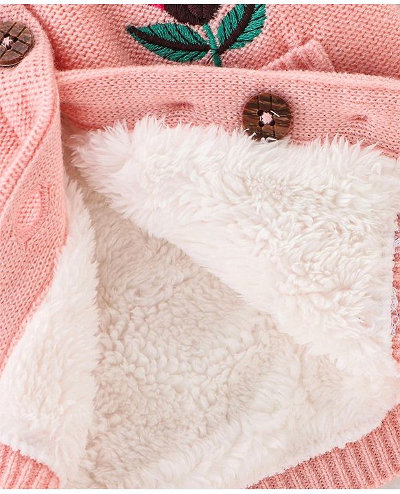 Babyhug Knitted Full Sleeves Hooded Sweater With Floral & Bird Design -Pink
