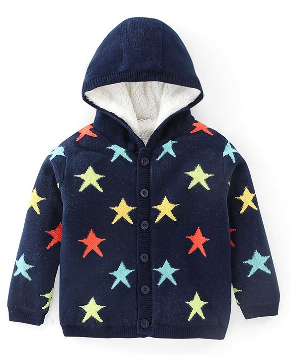 Babyhug Knitted Fleece Lined Full Sleeves Hooded Sweater With Star Print - Navy Blue