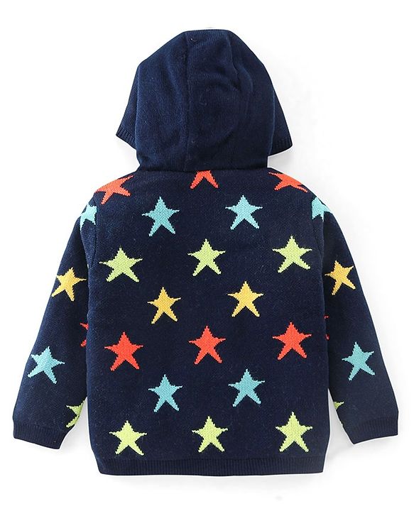 Babyhug Knitted Fleece Lined Full Sleeves Hooded Sweater With Star Print - Navy Blue