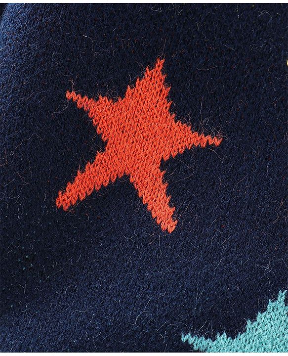 Babyhug Knitted Fleece Lined Full Sleeves Hooded Sweater With Star Print - Navy Blue