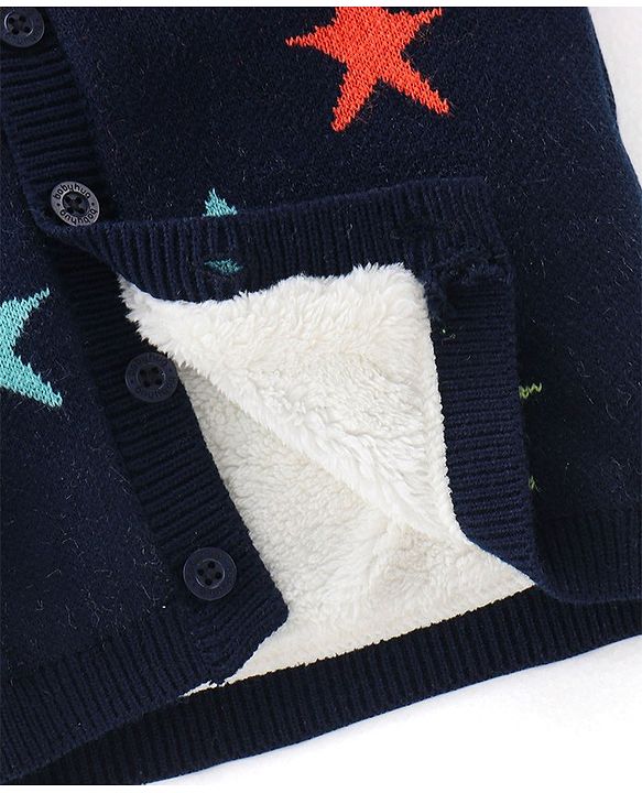 Babyhug Knitted Fleece Lined Full Sleeves Hooded Sweater With Star Print - Navy Blue