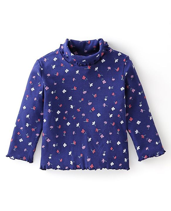 Babyhug Cotton Knit Full Sleeves Skivi T-Shirt with Floral Print - Blue