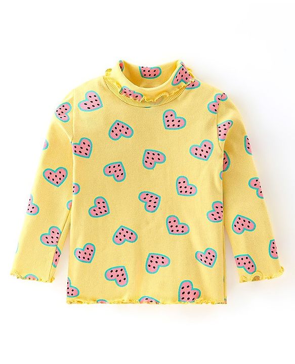 Babyhug 100% Cotton Full Sleeves Skivi T-Shirt with Heart Printed - Yellow