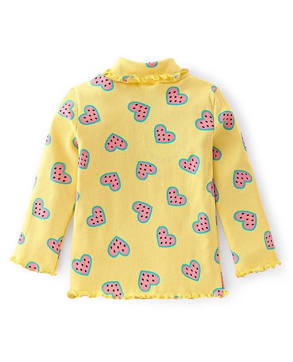 Babyhug 100% Cotton Full Sleeves Skivi T-Shirt with Heart Printed - Yellow