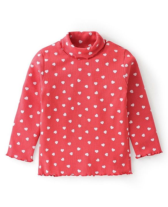 Babyhug 100% Cotton Knit Full Sleeves Skivi  T-Shirt Heart Print - Red