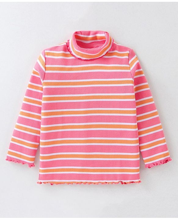 Babyhug 100% Cotton Knit Full Sleeves Skivi T-Shirt with Stripes - Pink & Orange