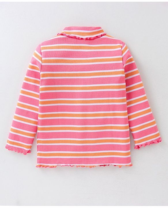 Babyhug 100% Cotton Knit Full Sleeves Skivi T-Shirt with Stripes - Pink & Orange