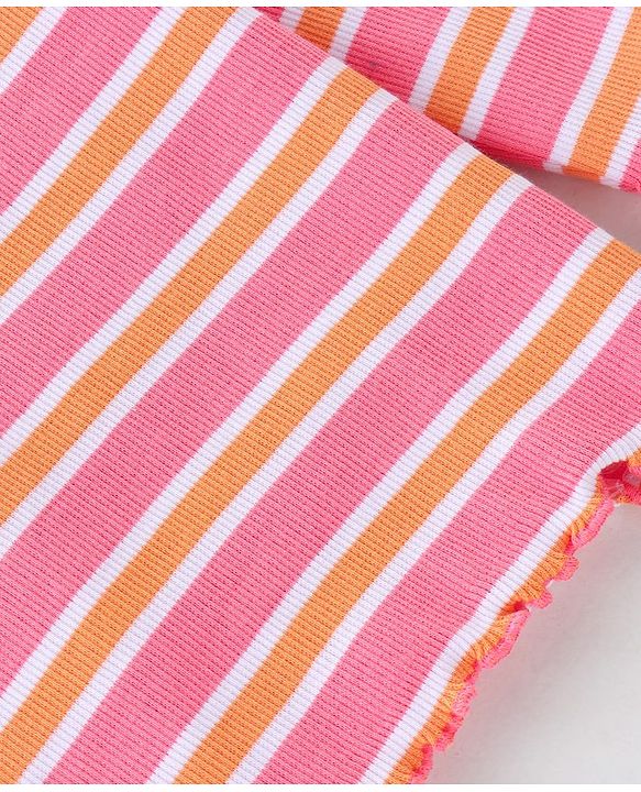 Babyhug 100% Cotton Knit Full Sleeves Skivi T-Shirt with Stripes - Pink & Orange