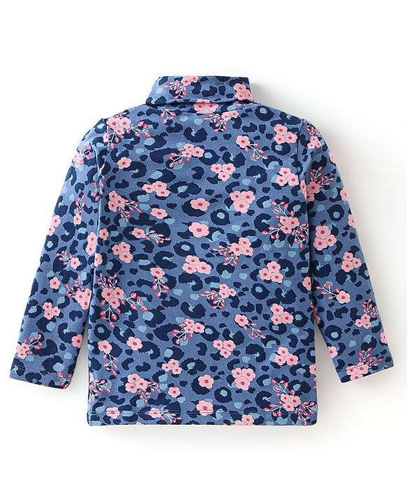 Babyhug Cotton Knit Full Sleeves Skivi T-Shirt with Floral Graphic Printed - Navy Blue