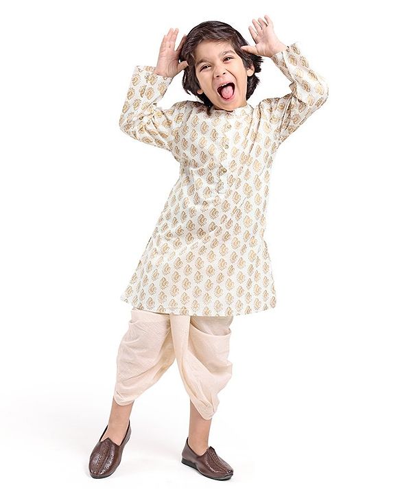 Babyhug 100% Cotton Knit Full Sleeve Kurta & Dhoti Set With Ikat Print - Offwhite