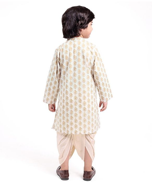 Babyhug 100% Cotton Knit Full Sleeve Kurta & Dhoti Set With Ikat Print - Offwhite