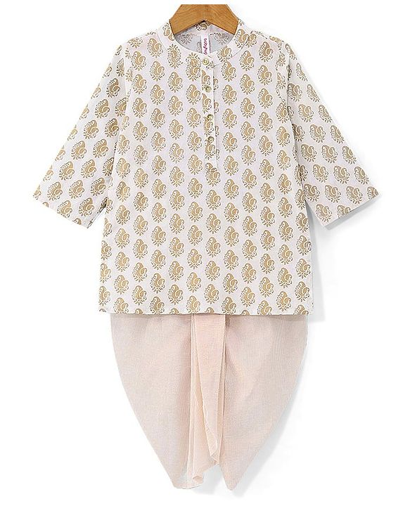 Babyhug 100% Cotton Knit Full Sleeve Kurta & Dhoti Set With Ikat Print - Offwhite
