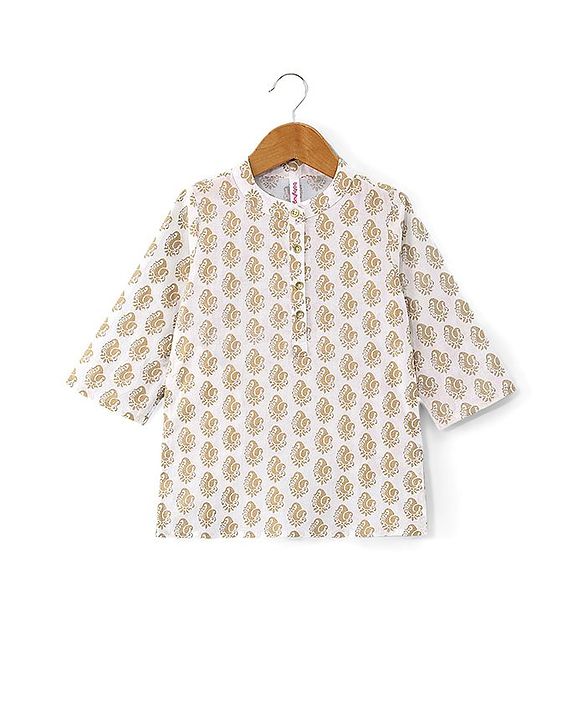 Babyhug 100% Cotton Knit Full Sleeve Kurta & Dhoti Set With Ikat Print - Offwhite