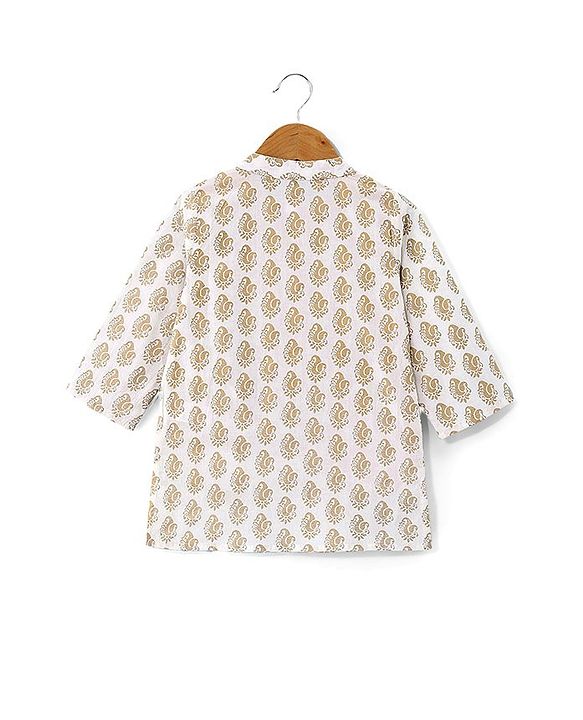 Babyhug 100% Cotton Knit Full Sleeve Kurta & Dhoti Set With Ikat Print - Offwhite