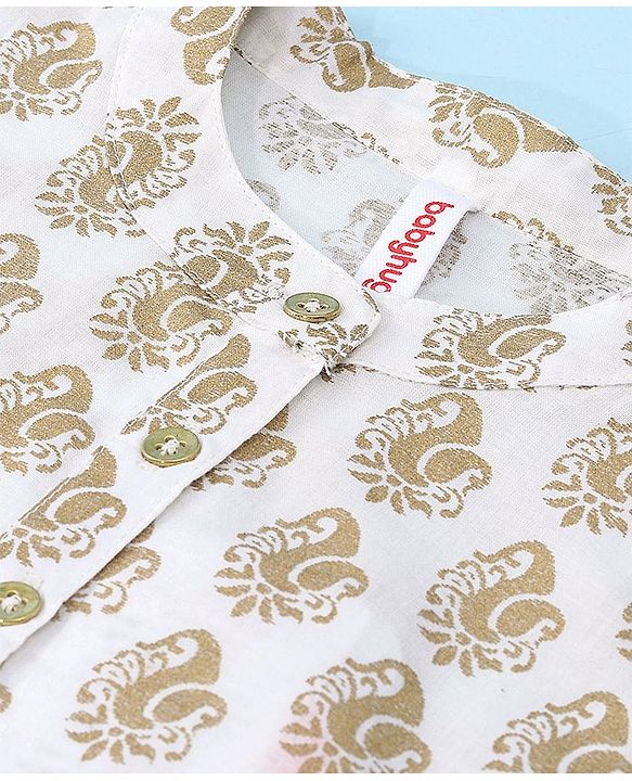 Babyhug 100% Cotton Knit Full Sleeve Kurta & Dhoti Set With Ikat Print - Offwhite