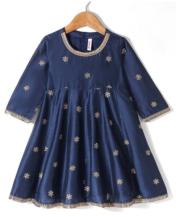 Babyhug Three Fourth Sleeves Floral Embroidered Anarkali Kurti Pant and Dupatta - Blue