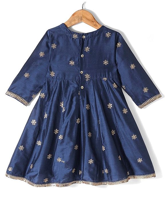 Babyhug Three Fourth Sleeves Floral Embroidered Anarkali Kurti Pant and Dupatta - Blue