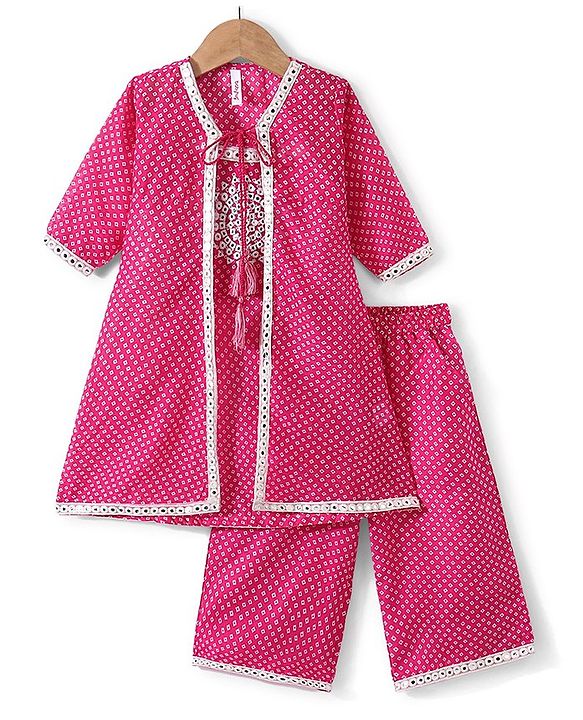 Babyhug Half Sleeves Embroidered Jacket with Bandhani Printed Top and Palazzo  Set - Fuchsia