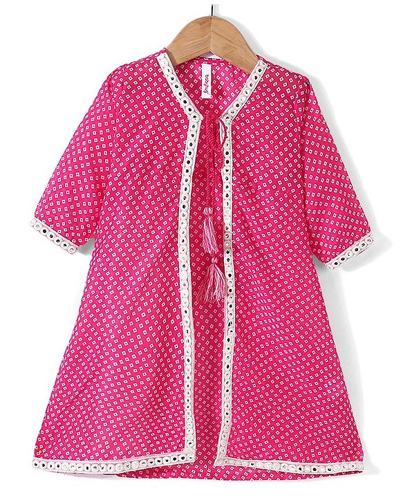 Babyhug Half Sleeves Embroidered Jacket with Bandhani Printed Top and Palazzo  Set - Fuchsia
