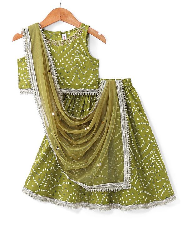 Babyhug Cotton Woven Sleeveless Choli and Lehenga Set with Lace Border Dupatta Bandhani Print - Green
