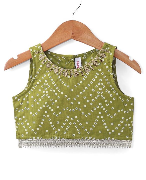 Babyhug Cotton Woven Sleeveless Choli and Lehenga Set with Lace Border Dupatta Bandhani Print - Green