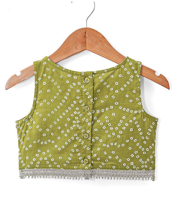 Babyhug Cotton Woven Sleeveless Choli and Lehenga Set with Lace Border Dupatta Bandhani Print - Green