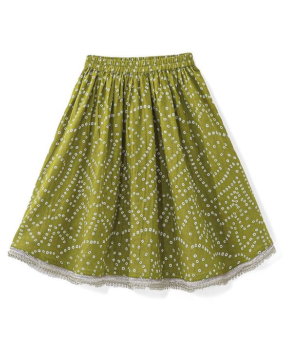 Babyhug Cotton Woven Sleeveless Choli and Lehenga Set with Lace Border Dupatta Bandhani Print - Green
