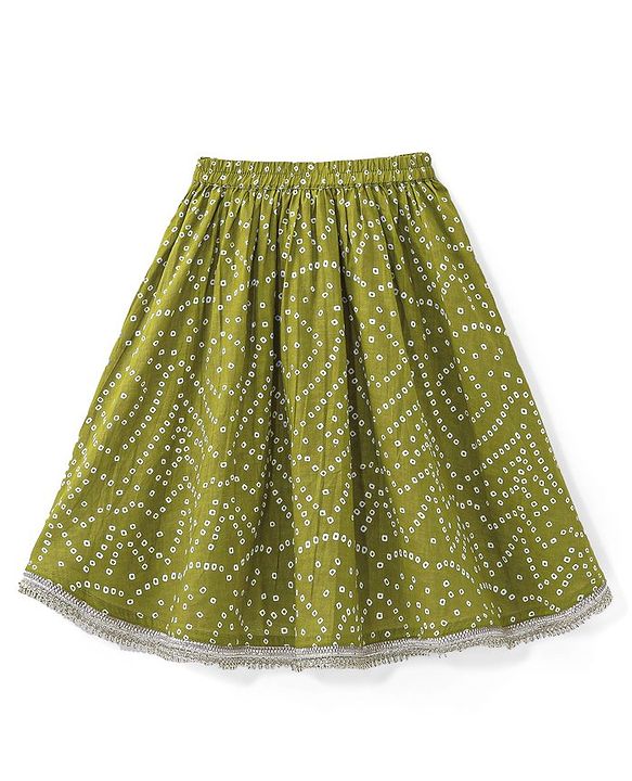 Babyhug Cotton Woven Sleeveless Choli and Lehenga Set with Lace Border Dupatta Bandhani Print - Green