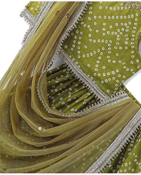 Babyhug Cotton Woven Sleeveless Choli and Lehenga Set with Lace Border Dupatta Bandhani Print - Green