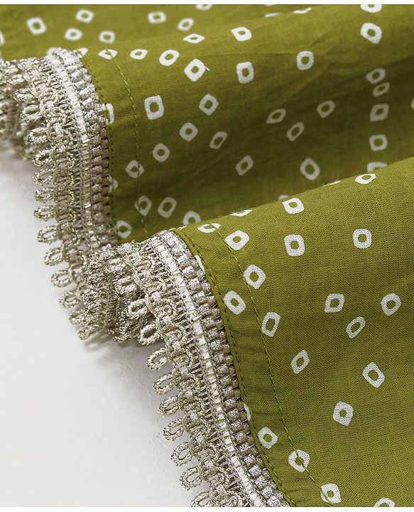 Babyhug Cotton Woven Sleeveless Choli and Lehenga Set with Lace Border Dupatta Bandhani Print - Green