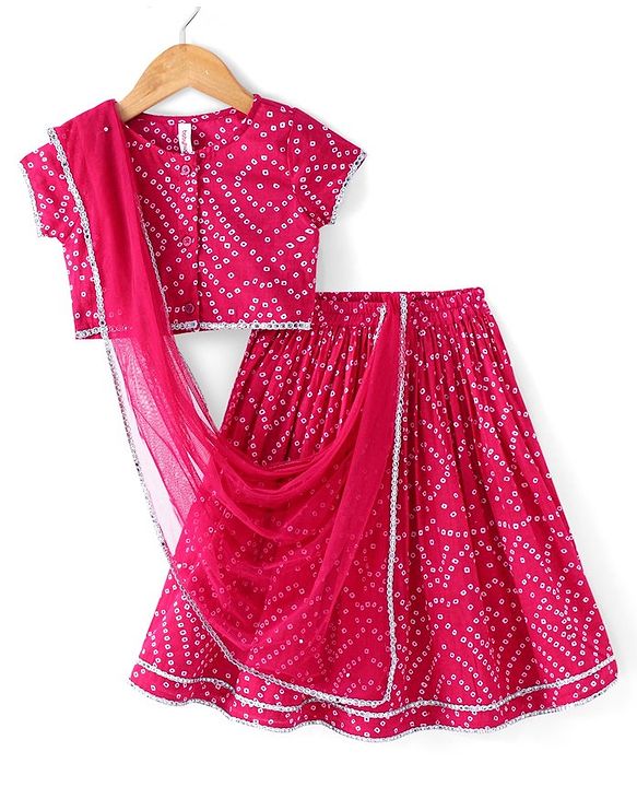 Babyhug 100% Cotton Woven Short Sleeve Bandhani Printed Lehenga Choli and Dupatta - Fuschia