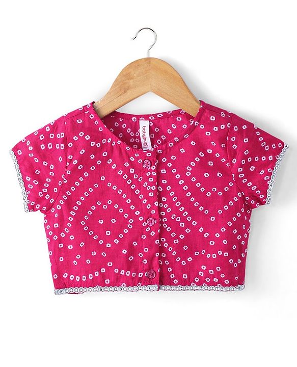 Babyhug 100% Cotton Woven Short Sleeve Bandhani Printed Lehenga Choli and Dupatta - Fuschia