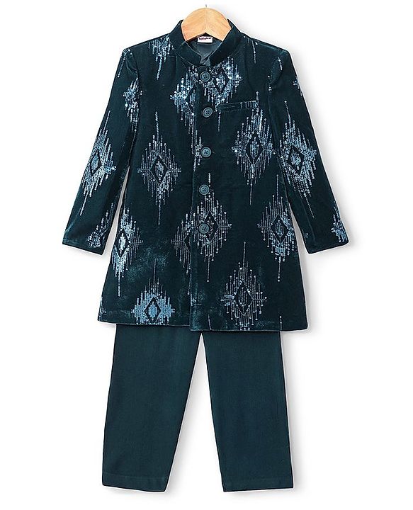 Babyhug Velvet Full Sleeves Embroidered Sherwani Kurta Pyjama Set  - Teal Blue