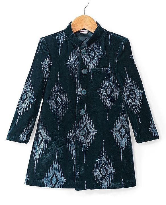 Babyhug Velvet Full Sleeves Embroidered Sherwani Kurta Pyjama Set  - Teal Blue