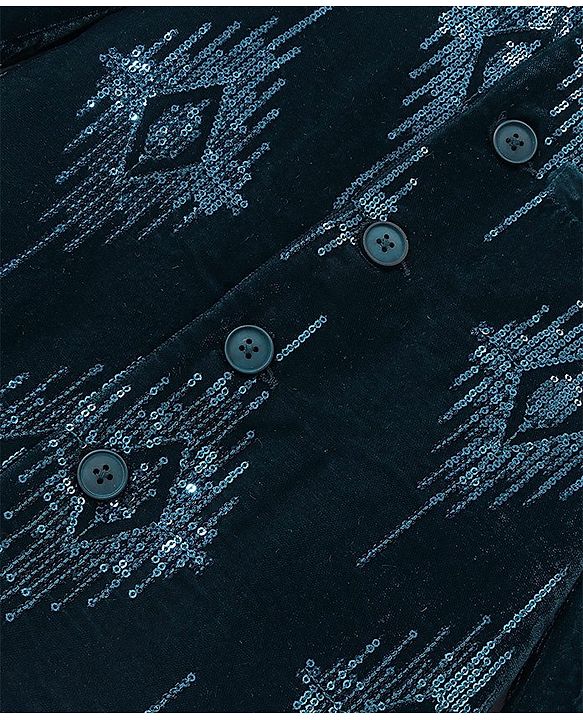 Babyhug Velvet Full Sleeves Embroidered Sherwani Kurta Pyjama Set  - Teal Blue