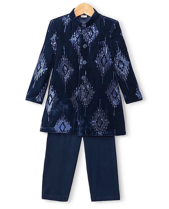 Babyhug Velvet Full Sleeves Embroidered Sherwani Kurta Pyjama Set  - Teal Blue