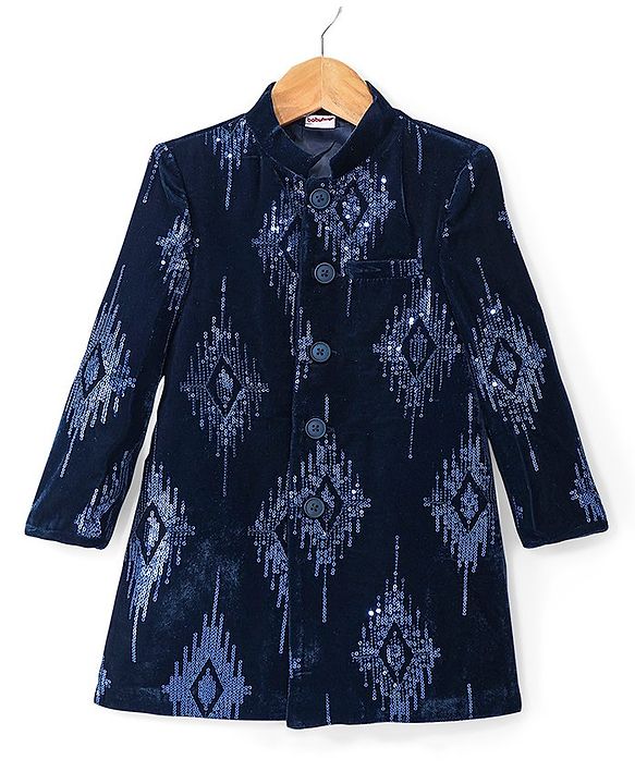Babyhug Velvet Full Sleeves Embroidered Sherwani Kurta Pyjama Set  - Teal Blue