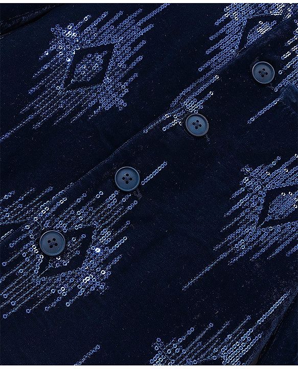 Babyhug Velvet Full Sleeves Embroidered Sherwani Kurta Pyjama Set  - Teal Blue