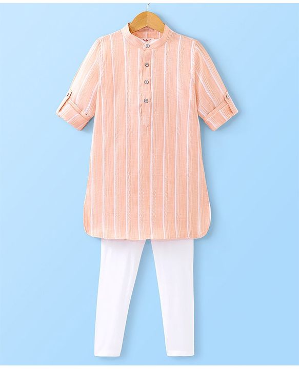 Babyhug Full Sleeves Lurex Printed Pathani Kurta Pyjama Set  - Coral