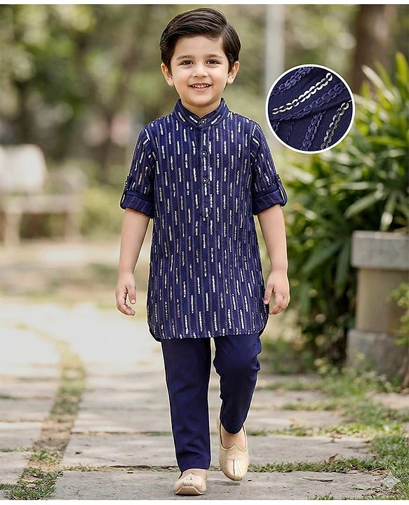 Babyhug Full Sleeves Sequenced Pathani Kurta Pyjama Set - Navy Blue