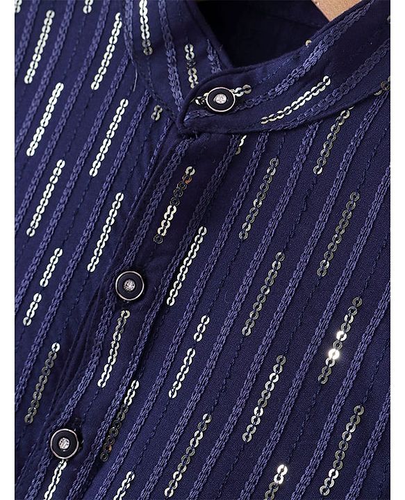 Babyhug Full Sleeves Sequenced Pathani Kurta Pyjama Set - Navy Blue