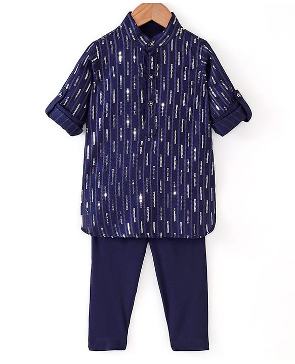 Babyhug Full Sleeves Sequenced Pathani Kurta Pyjama Set - Navy Blue